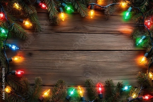 Obraz Festive Christmas Lights on Rustic Wooden Background