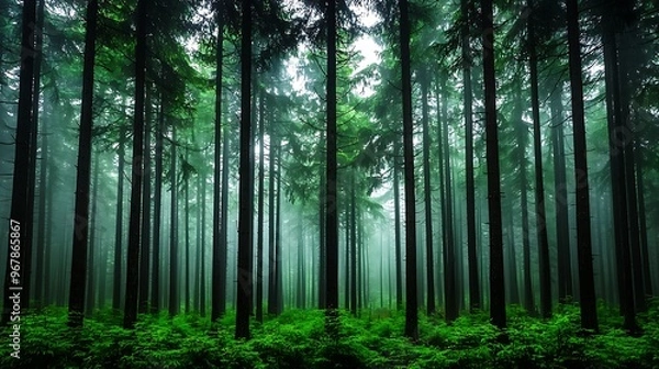 Fototapeta A misty forest landscape features tall pine trees and lush green undergrowth, wrapped in a veil of fog.