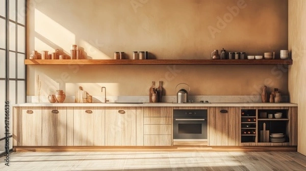 Obraz Japandi-style kitchen interior with an empty wall for text or canvas.