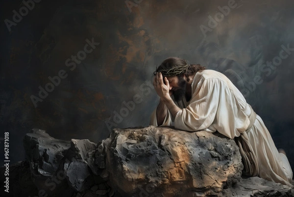 Obraz Jesus praying on the stone.