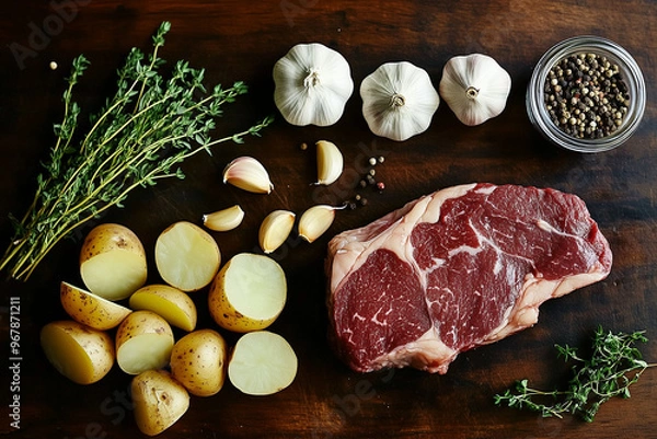 Fototapeta cooked steak, diced potatoes, parsely, thyme, garlic cloves sliced, dark wood background