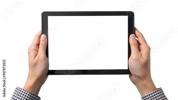 Fototapeta A pair of hands hold a blank tablet against a transparent background. The tablet screen is completely white, which indicates that it is turned off or is a placeholder,with copy space. AI generated.