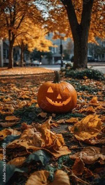 Fototapeta Cozy autumn scene with a pumpkin nestled among vibrant fallen leaves.