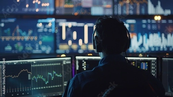 Obraz Man Working in a Dark Office with Multiple Monitors Showing Data Graphs
