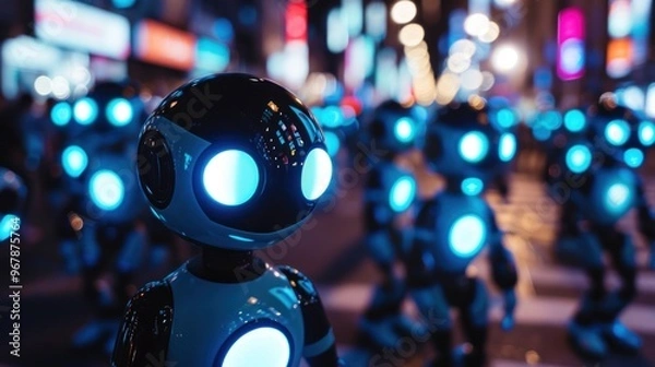 Fototapeta Robots Marching Through a City at Night