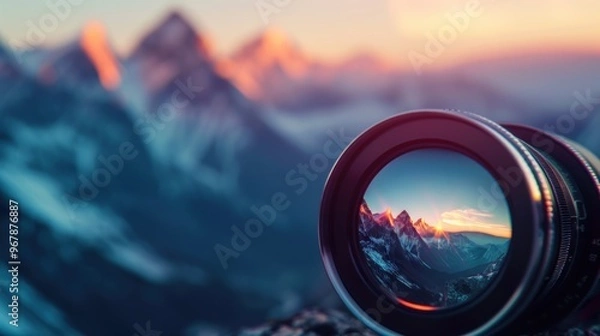 Fototapeta Camera Lens Captures Mountain Range at Sunset