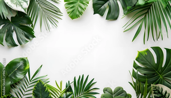 Fototapeta Frame made of different lush tropical leaves on white background, top view. Space for text