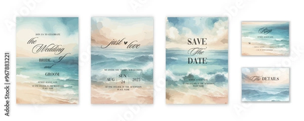 Fototapeta Set of wedding invitation with summer beach hand drawn watercolor background.