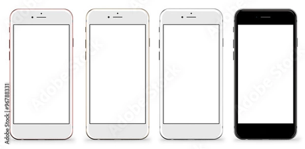 Obraz Zestaw czterech smartfonów złoty, różowy, srebrny i czarny - pusty ekran i na białym tle na białym tle, o wysokiej rozdzielczości. Szablon, makieta.