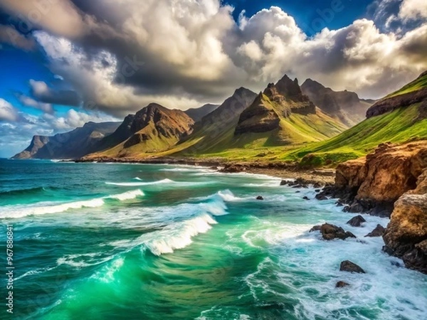 Fototapeta Vibrant turquoise ocean waves crash against rugged volcanic coastline, surrounded by lush green mountains and dramatic