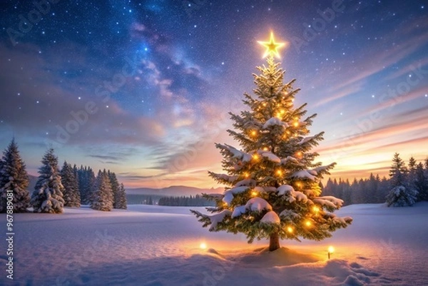 Fototapeta A beautiful christmas tree glowing with festive lights under a starry sky in a snowy landscape The evergreen tree is decorated with lights and topped with a star creating a serene and magical scene