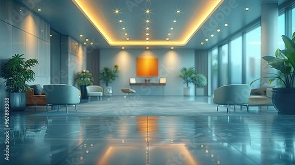 Fototapeta 3d rendering interior of modern office with large windows, panoramic view. zoom office background