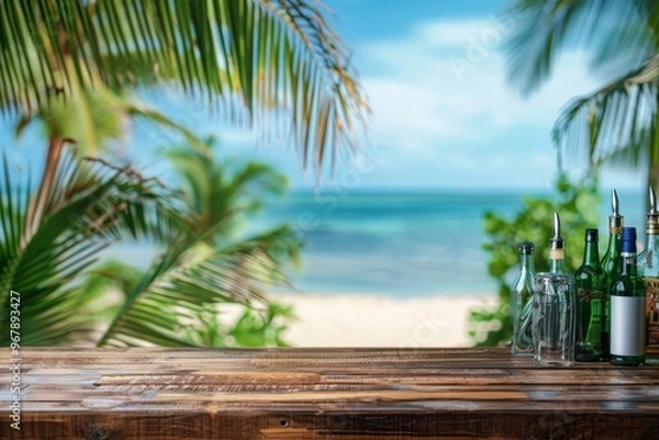 Obraz Exotic beach bar counter top with palm leaves and beach background