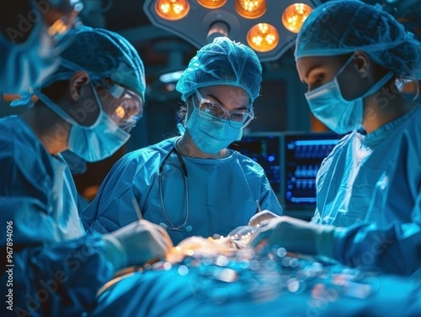 Fototapeta Svirow angle of team doctors in surgical operating patient on the table with monitor and lights, blue color theme, high resolution, cinematic, dark lighting.
