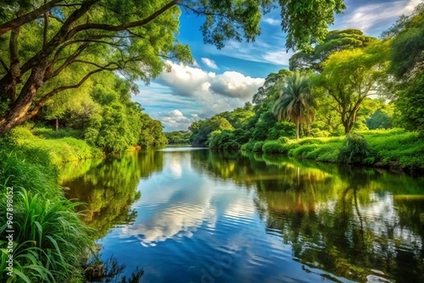 Obraz Riverbank with calm water and lush vegetation