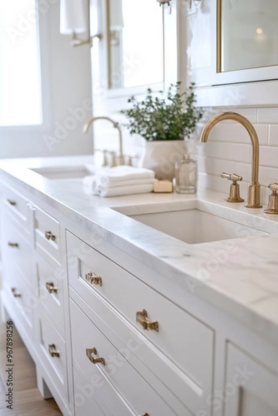Fototapeta Elegant white bathroom with gold fixtures showcasing modern design elements and natural touches