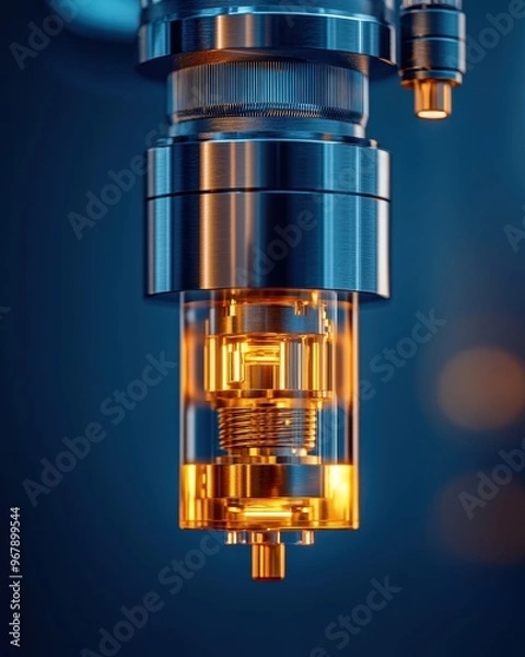Fototapeta Close-up of a modern mechanical device with intricate details and glowing components, showcasing precision engineering and design.