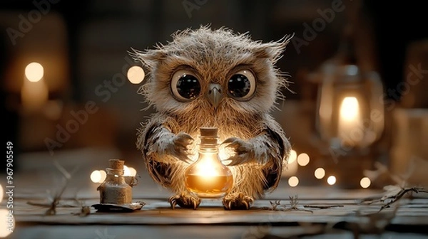 Fototapeta Owl in a witchs costume holding a glowing potion bottle in its talons, witch owl, mysterious magical bird