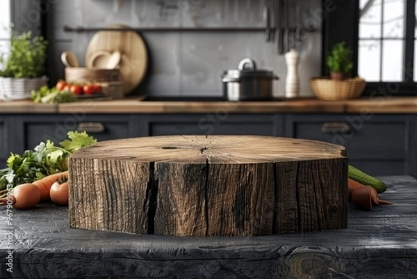 Fototapeta A wooden cutting board sits on a counter with a variety of vegetables