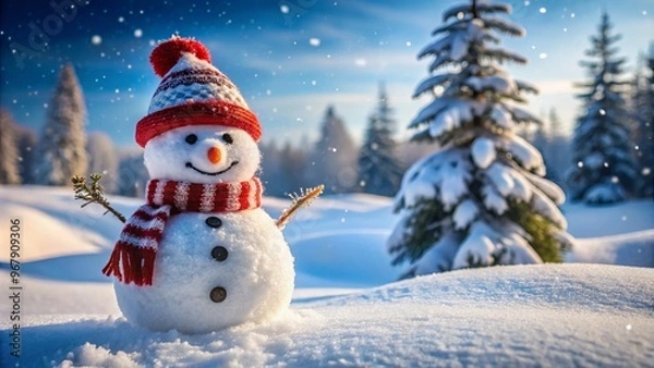 Fototapeta Snowman with snowy backdrop