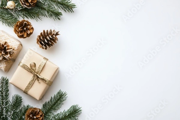 Fototapeta Elegant Christmas gifts adorned with golden ribbons, surrounded by pine cones and fir branches on a white background. Captures holiday spirit and festive warmth. Generated AI