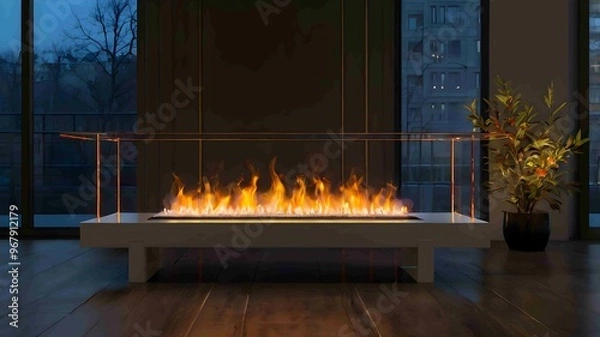Obraz Modern Minimalist Fireplace with Elegant Flames in a Cozy Interior - .Generated AI