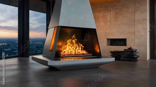 Obraz Modern Minimalist Fireplace with Elegant Flames in a Cozy Interior - .Generated AI