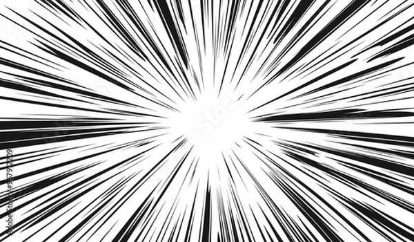 Fototapeta Comic Book Radial Lines Burst Effect, Black and White Motion Lines with Speed and Energy, Manga Style Overlay
