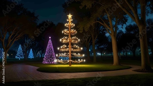 Obraz Illuminated Neon Tree in a Park During Nighttime - .Generated AI