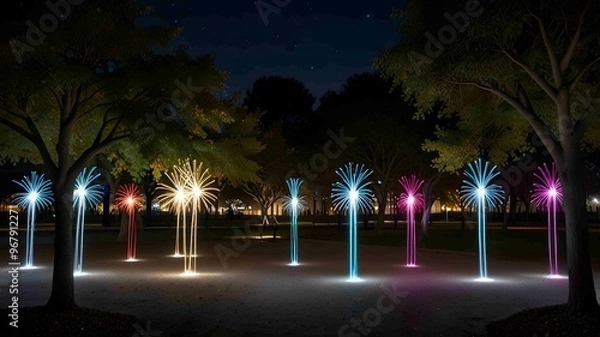 Obraz Illuminated Neon Tree in a Park During Nighttime - .Generated AI