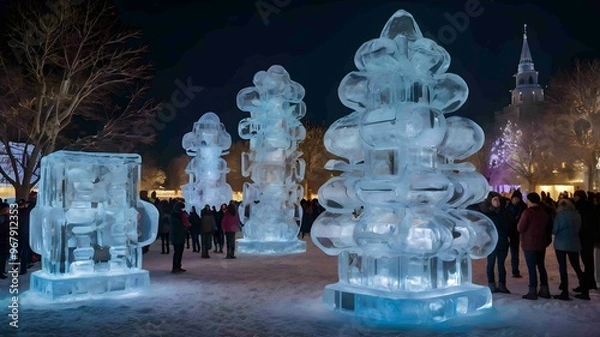 Obraz Intricate Ice Sculptures Illuminated at Night in a Winter Festival - .Generated AI
