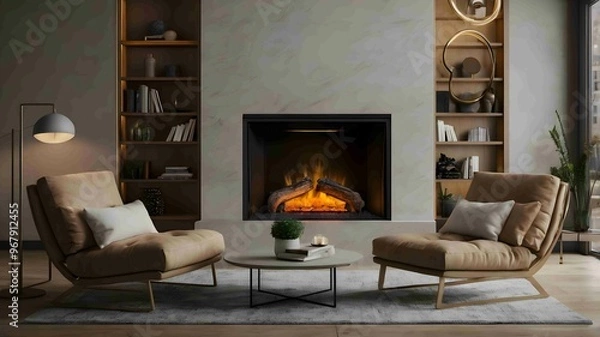 Obraz Modern Minimalist Fireplace with Elegant Flames in a Cozy Interior - .Generated AI.