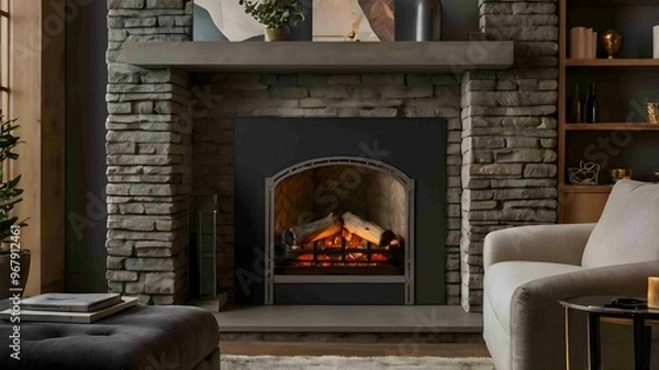 Obraz Modern Minimalist Fireplace with Elegant Flames in a Cozy Interior - .Generated AI.