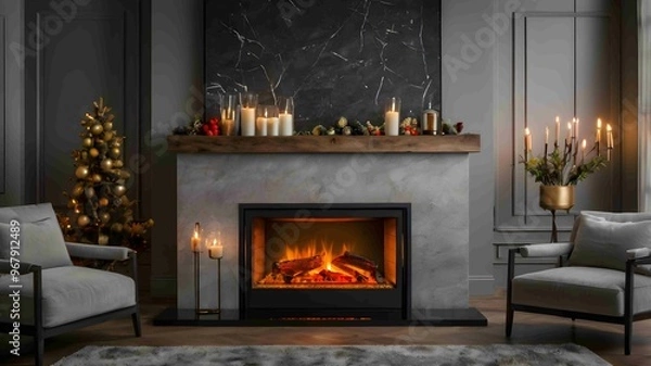Obraz Modern Minimalist Fireplace with Elegant Flames in a Cozy Interior - .Generated AI.