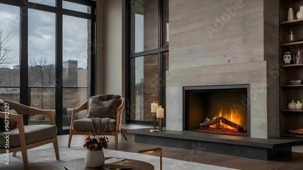 Obraz Modern Minimalist Fireplace with Elegant Flames in a Cozy Interior - .Generated AI.