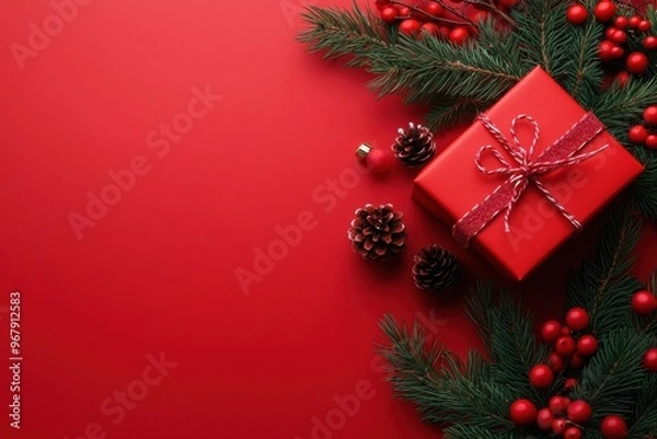 Fototapeta Festive red Christmas gift box with ribbon surrounded by pine branches, cones, and ornaments on a red background. Perfect for holiday themes. Generated AI