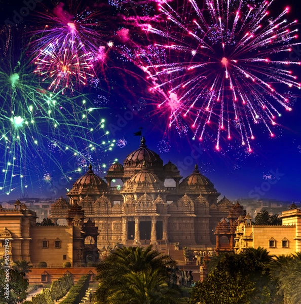 Obraz Festive firework over temple Akshardham, India. Delhi...