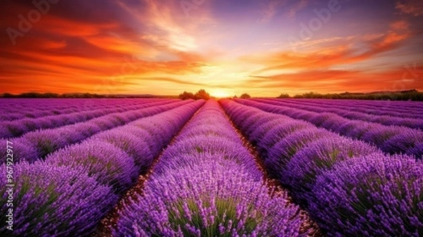 Fototapeta A vibrant lavender field at sunset, showcasing rows of blooming flowers under a colorful sky.