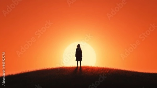 Fototapeta The silhouette of a solitary figure standing against the fiery horizon, as night descends, the sky ablaze with the last vestiges of the setting sun.