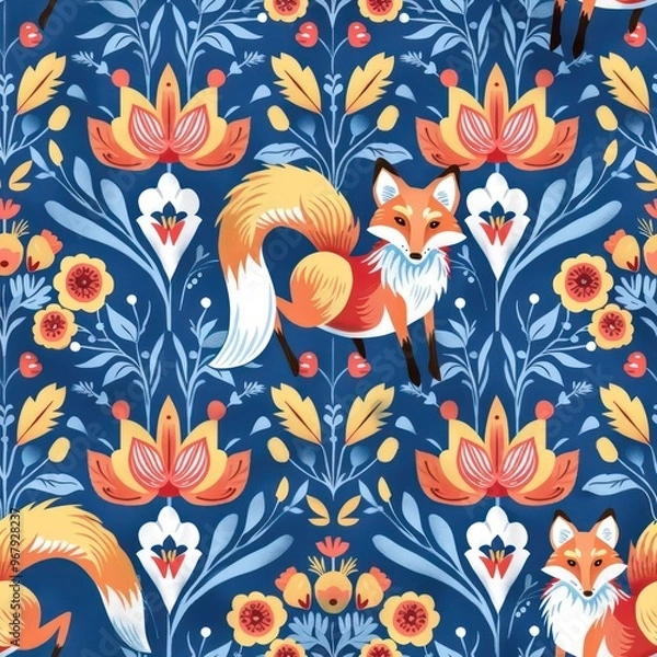 Fototapeta a pattern with fox on a blue background By Generated AI