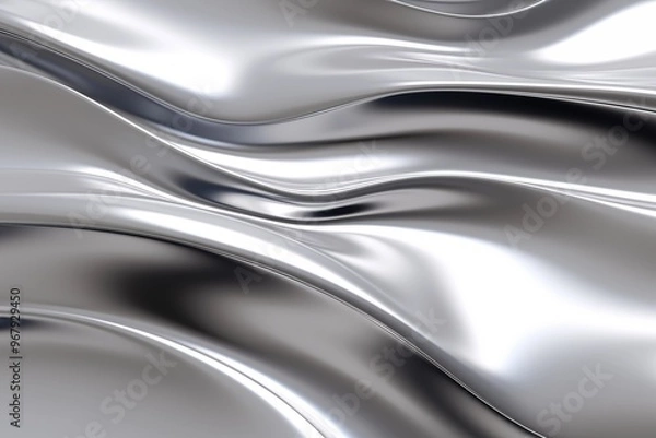 Fototapeta Silver chrome liquid background. Abstract metal texture with waves. Silver color chrome morphism pattern, steel reflection design, aluminum shiny illustration