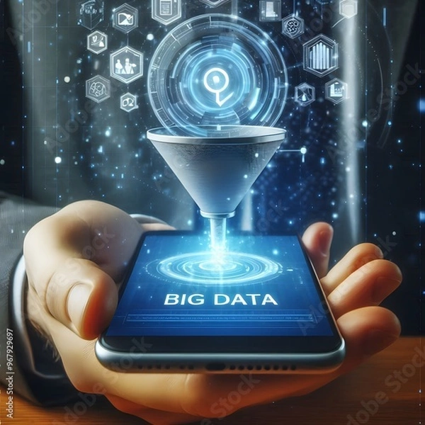 Fototapeta Digital Sales Funnel on a phone screen in a human hand. Big Data Concept on Technological Background. Abstract Data Flow and Filter. Low Poly Wireframe Vector Illustration in futuristic style._upscayl