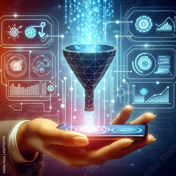 Fototapeta Digital Sales Funnel on a phone screen in a human hand. Big Data Concept on Technological Background. Abstract Data Flow and Filter. Low Poly Wireframe Vector Illustration in futuristic style._upscayl