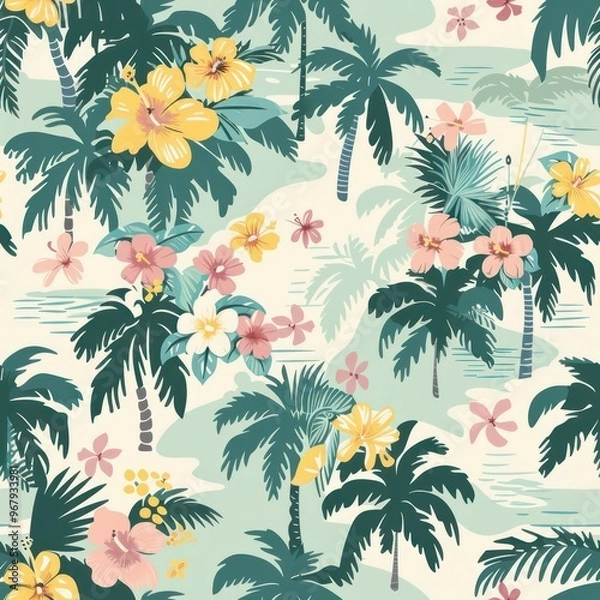 Fototapeta a seamless pattern with palm trees, hibiscus and flowers By Generated AI