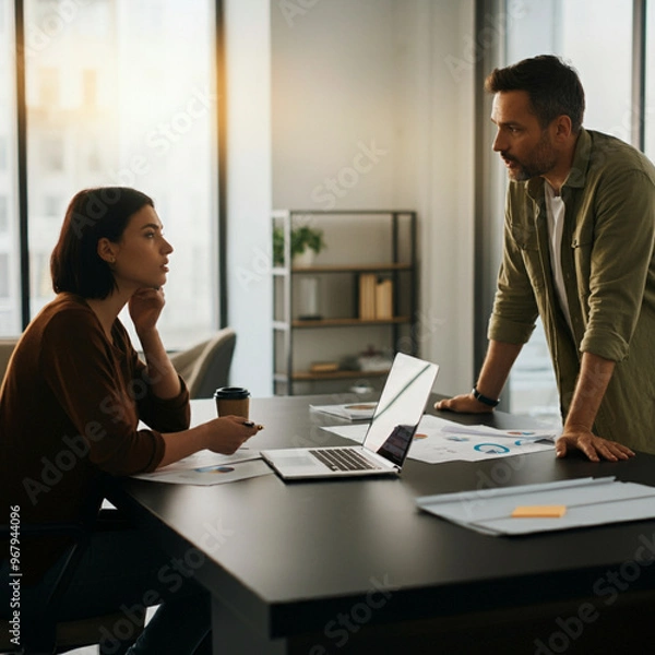 Fototapeta Man and Woman at Office Desk Discussing and Presenting a Project