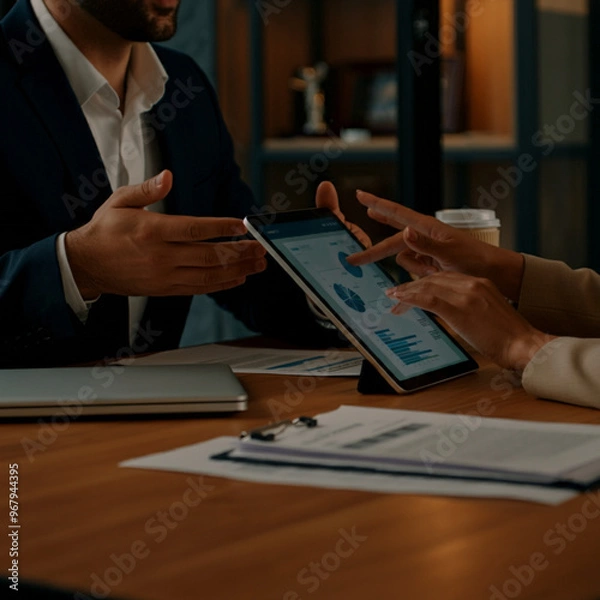 Fototapeta Man and Woman at Office Desk Discussing and Presenting a Project