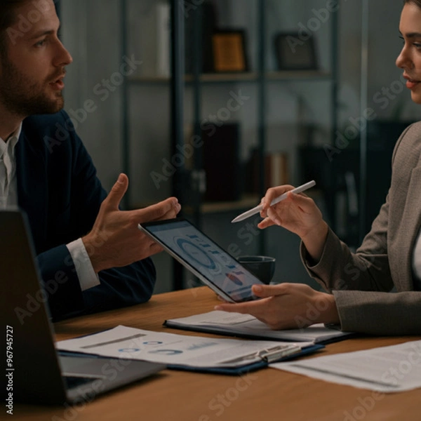 Obraz Man and Woman at Office Desk Discussing and Presenting a Project
