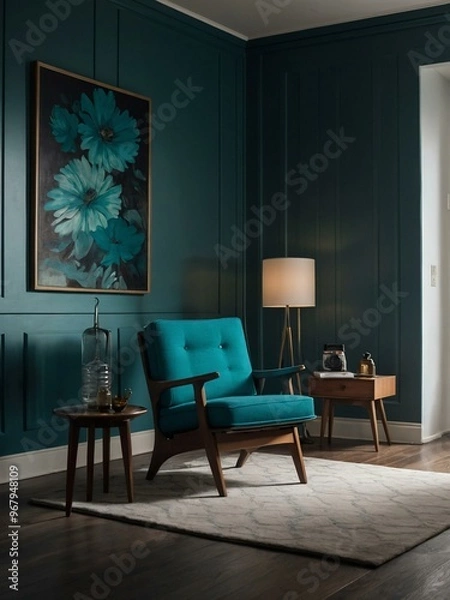 Fototapeta Teal-themed minimalist room with mid-century chairs and a small side table with a lamp.