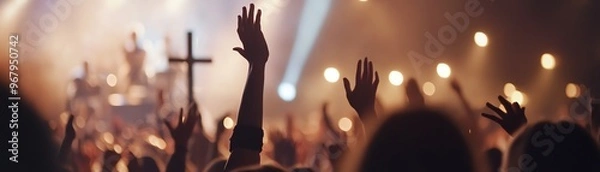 Obraz A lively worship session with raised hands in a church setting, illuminated by warm lights and atmospheric background.