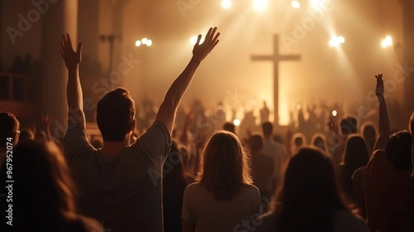 Obraz People worship together with raised hands in a church setting, illuminated by warm light and centered around a large cross.